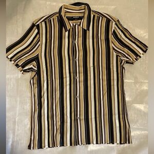 Express Men's Striped Shirt - Black, Brown, and Cream Medium